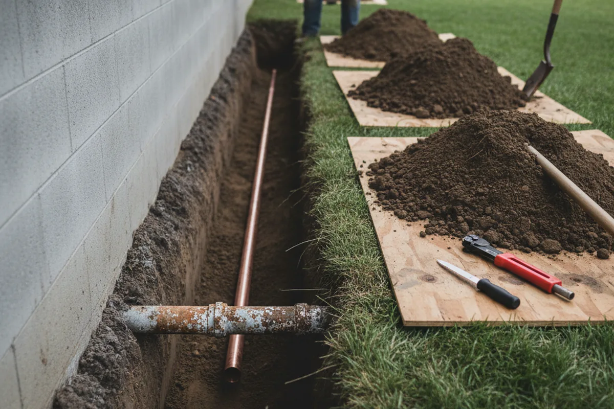 Excavated water line trench during Water Heater Repair in Billerica
